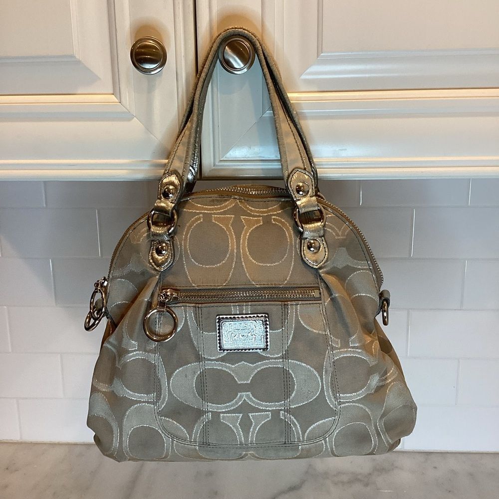 Coach Bag Purse Handbag Tan Signature Lurex Logo Satchel Tote Pocketbook